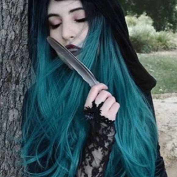 22” Ombre Black Roots-Green Lace Wig NEW
